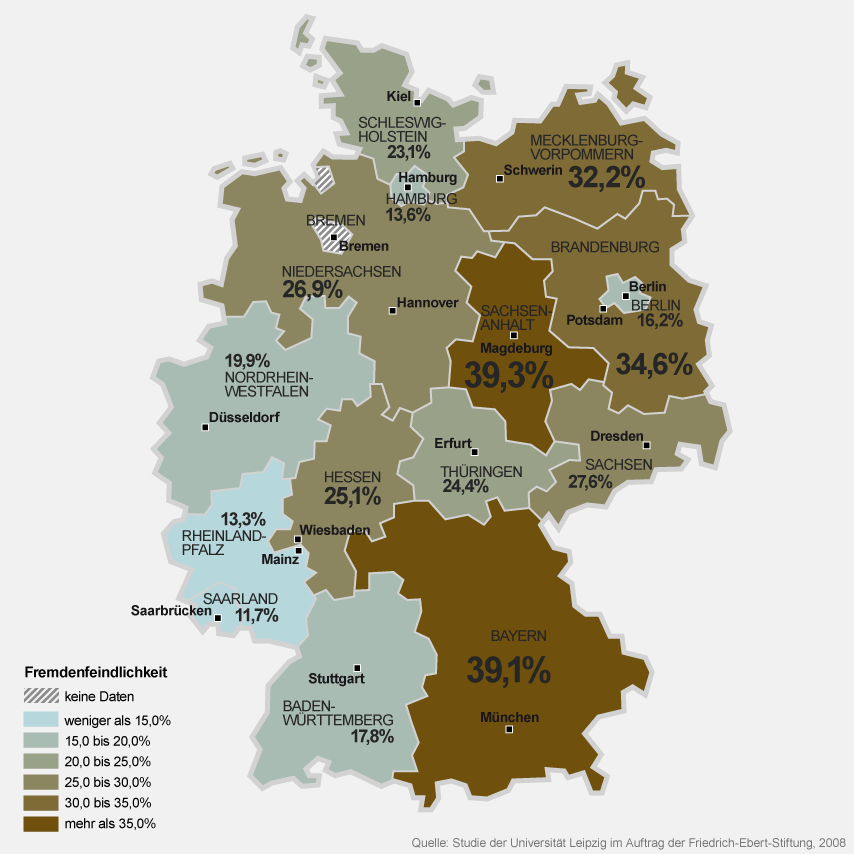 Infografik: Ausländerfeindlichkeit im Bundesvergleich | Bild: BR/Henrik Ullmann