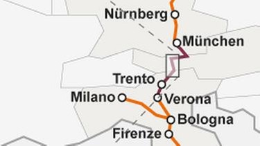 Grafik: Lage des Basistunnels und der Verlauf der TEN-Strecke Berlin-Palermo | Bild: BR