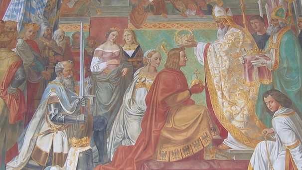 Ludwig der Bayer wird in Rom zum Kaiser gekrönt (Ausschnitt eines Freskos von Hermann Stilke im Münchner Hofgarten von 1829) | Bild: BR