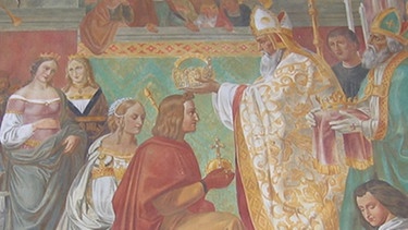 Ludwig der Bayer wird in Rom zum Kaiser gekrönt (Ausschnitt eines Freskos von Hermann Stilke im Münchner Hofgarten von 1829) | Bild: BR