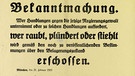 Revolutionsplakat in Bayern: Bekanntmachung gegen Raub, Plünderung und Diebstahl  | Bild: Monacensia, Literaturarchiv und Bibliothek, München