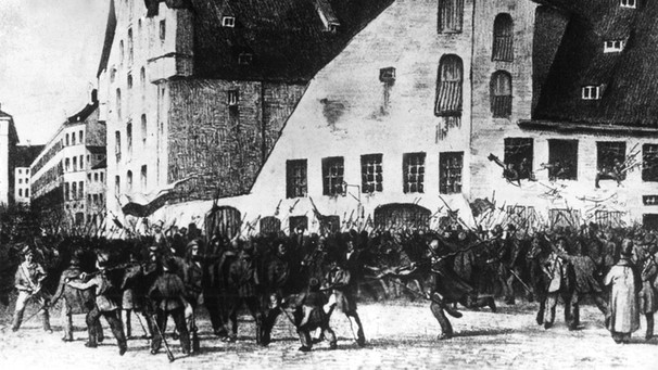 Zeitgenössischer Stich vom Zeughaus-Sturm in München am 4. März 1848 | Bild: picture-alliance/dpa