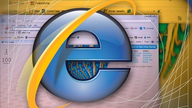 Illustration: Computerbildschirm, der Internetseiten darstellt, im Vordergrund das Internet Explorer Logo | Bild: picture-alliance/dpa