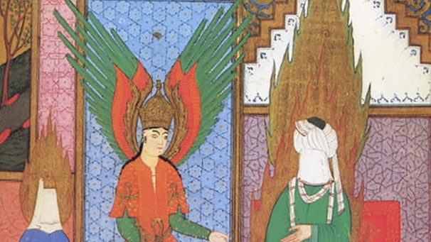 Der Engel Gabriel erscheint im Haus des Propheten Mohammed, während Chadidscha anwesend ist | Bild: unbekannter Autor, via Wikimedia Commons