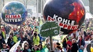 Demonstranten fordern mit einem Modell der Erdkugel mit der Aufschrift "Klima retten" und einer weiteren mit der Aufschrift "Kohle stoppen" die Umsetzung des Weltklimaabkommens.   | Bild: dpa-Bildfunk/Roland Weihrauch