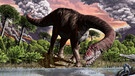 Künstlerische Darstellung des Langhalssauriers Bagualia alba. Diese Dinosaurier-Gruppe könnte sich nach einem Klimawandel gegenüber den anderen Gruppen der Sauropodomorpha durchsetzen. | Bild: Jorge Gonzales