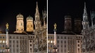 Die Frauenkirche und das Rathaus in München beleuchtet (links) und während der Earth Hour 2020 unbeleuchtet (rechts).  Auch dieses Jahr gehen an öffentlichen Gebäuden in München während der Earth Hour - wie hier rechts im Bild - wieder die Lichter aus. | Bild: picture alliance /dpa/Foto: Matthias Balk