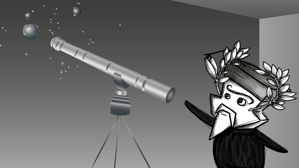 Illustration: Galileo Galilei und das Fernrohr. 1609 baut Galilei das Fernrohr nach und entdeckt 1610 die Jupitermonde. Sein Ruhm als Wissenschaftler in Padua wächst. | Bild: BR/Anna Hunger
