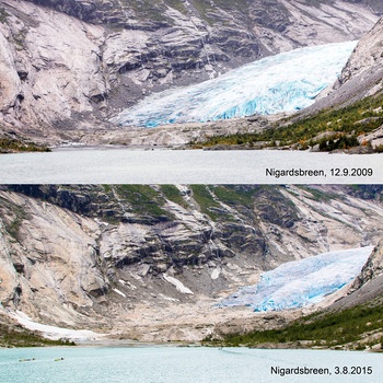 Gletscherrückzug am Nigardsbreen von 2009 bis 2015. Die Gletscherzunge Nigardsbreen in Norwegen hat sich von 2009 bis 2015 deutlich zurückgezogen. Ein Beispiel für die durch den Klimawandel verursachte Gletscherschmelze. | Bild: picture-alliance/dpa