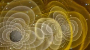 Illustration der Entstehung von Gravitationswellen. Gravitationswellen entstehen bei der Verschmelzung massereicher Schwarzer Löcher im Weltall. Albert Einstein sagte die Existenz von Gravitationswellen voraus, erstmals gemessen wurden die sehr feinen Wellen aber erst 2015 | Bild: NASA