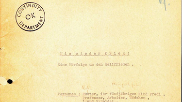 Deckblatt eines Senudngsmanuskriptes der Reihe "Nie Wieder Krieg" | Bild: BR, Historisches Archiv