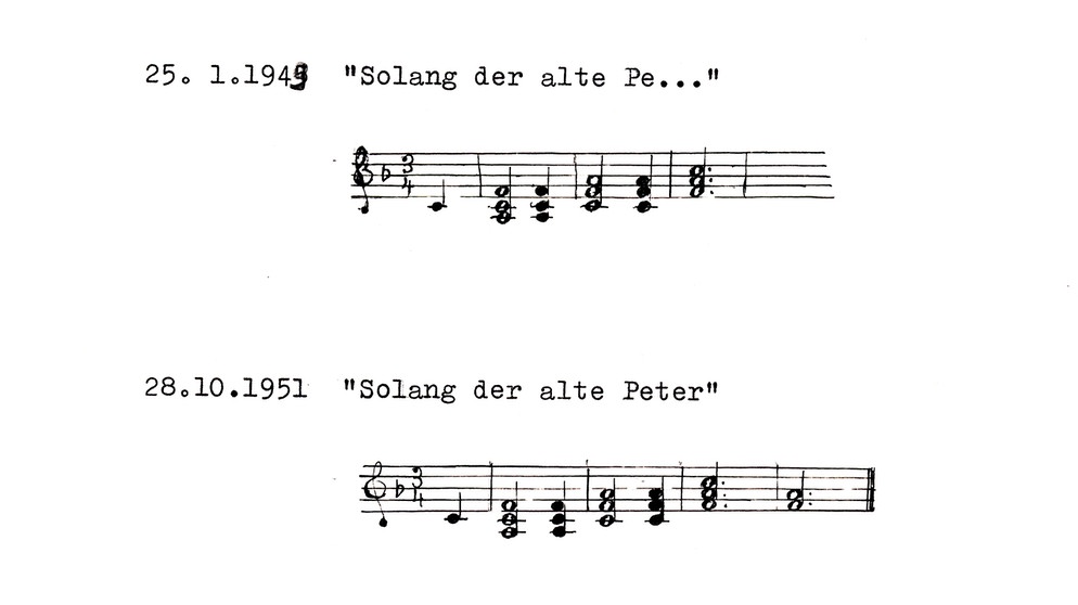 Noten des Pausenzeichens bei Lizenzierung des BR 1949 und nach dem Wiederaufbau des Alten Peter 1951. | Bild: BR / Historisches Archiv