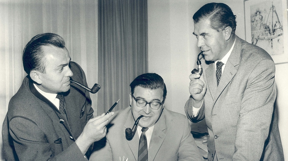 Rudolf Renkl, Josef Othmar Zöller und Franz Josef Kugler - alle drei mit Pfeife - im Jahr 1965 in der Bayernabteilung | Bild: BR / Historisches Archiv