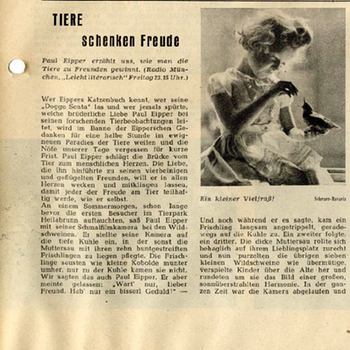 „Tiere schenken Freude. Paul Eipper erzählt uns, wie man die Tiere zu Freunden gewinnt“, Ankündigung in der radiowelt vom 28. November 1948 | Bild: BR, Historisches Archiv