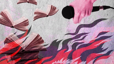 Illustration/Collage: Fallende, brennende Bücher. Hand hält Mikrofon | Bild: colourbox.com; BR/Tanja Begovic