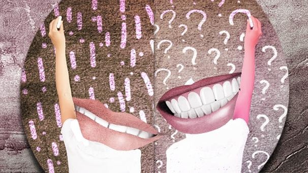 Illustration/Collage: Zweigeteiltes Bild: Jeweils eine Person mit großem Mund als Kopf, der Arm malt jeweils ein Ausrufezeichen bzw. ein Fragezeichen | Bild: colourbox.com; BR/Tanja Begovic