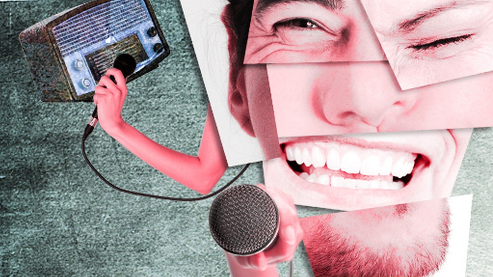 Bildcollage/Illustration: Verschiedene Fotoschnipsel bilden eine Gesicht, ein Arm hält ein Mikrofon an ein Radiogerät | Bild: colourbox.com; BR/Tanja Begovic