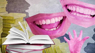 Bildcollage: Hand mit lachenden Mündern und Bücher | Bild: colourbox.com; Montage: BR