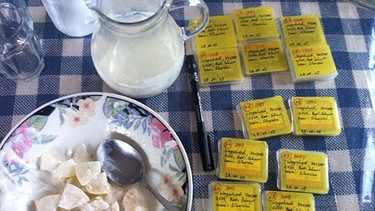 Gelbe Notizen für den Drehplan liegen auf dem Frühstückstisch neben Milchkanne und Müsli | Bild: BR/Tatjana Sikorski 