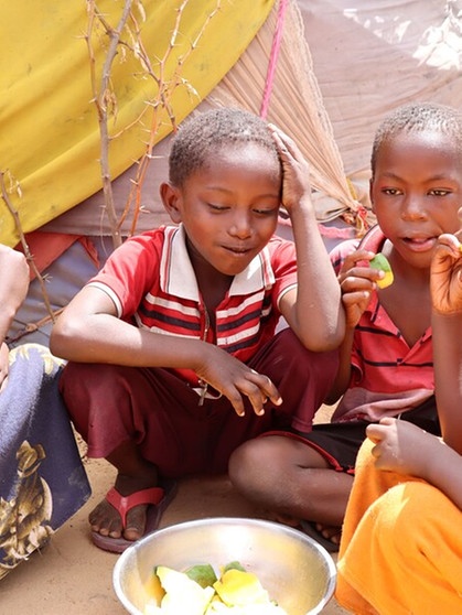 Kinder aus den Vertriebenen-Camps teilen sich eine Mango.  | Bild: Gesundes Afrika e.V.