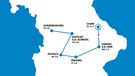 Grafische Darstellung der BR-Radltour Etappenorte 2022, hinterlegt durch Bayernkarte, mit Datum. | Bild: picture-alliance/dpa