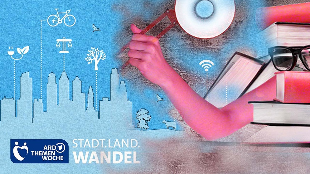 Collage Stilisierte gezeichnete Stadtsilhouette mit einem Arm, der von rechts ins Bild ragt und eine Schreibtischlampe hält | Bild: ARD, Collage Sprecherstunde: BR/Andreas Dirscherl