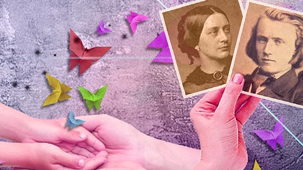 Hände lassen Origami Schmetterlinge fliegen, eine Hand hält Bilder von Robert und Clara Schumann | Bild: BR/Tanja Begovic, Andreas Dirscherl