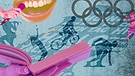 Bildcollage: Olympische Ringe, verschiedene Disziplinen, Mund mit Mikro davor. Arm und Hand, die ein Buch halten | Bild: BR/Collage: Angela Smets