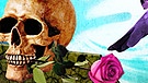 Bildercollage Totenschädel tragt Rose im Mund, eine offene Hand erwarte eine landende Taube. Im Hintegrund Uhrenblätter.  | Bild: BR/Muitimedia