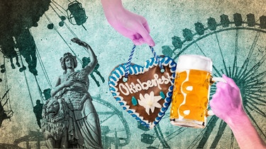 Grafik-Collage: Eine Hand hält ein Lebkuchenherz "Oktoberfest", eine andere Hand stemmt eine Maß Bier. Im Hintergrund als Silhouetten Riesenrad, Bavaria, Achterbahn und Kettenkarussel | Bild: BR/Nadja Heilbrunner