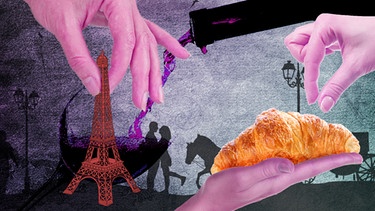 Illustration/Collage: Maccaron, Eiffelturm, Rotwein | Bild: colourbox.com; BR