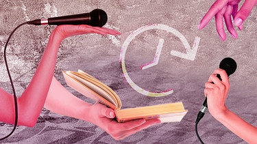 Stilisierte Collage: Links ein Arm, der ein Miko hält,von unten eine Hand, die ein Buch hält, rechts ein weiterer Arm mit Mikro und obe eine weibliche Hand, die auf eine stilisierte Uhr zeigt. | Bild: BR/Andreas Dirscherl