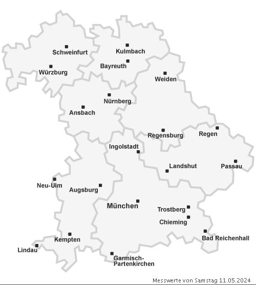 Bayernkarte mit Feinstaubmesswerten für gestern