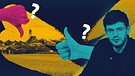 Moderator Sebastian Leidecker; Symbolbild Dorf mit Daumen hoch und Daumen runter und Fragezeichen. | Bild: picture-alliance/dpa, colourbox.com, Montage: BR
